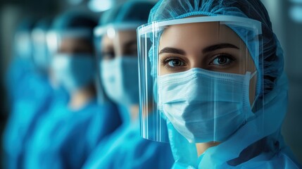A close-up of a healthcare worker in protective gear, including a mask and face shield, standing among peers in a clinical setting.