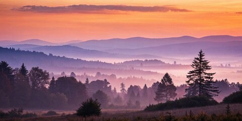 Obraz premium Abstract watercolor landscape with a gradient sky transitioning from oranges to purples, set against a soft focus background, gradient, atmospheric