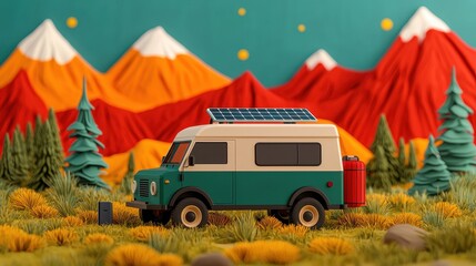 Colorful Toy Van with Solar Panels Parked in a Vibrant Landscape of Mountains and Lush Greenery Ideal for Eco-Friendly and Adventure Themes