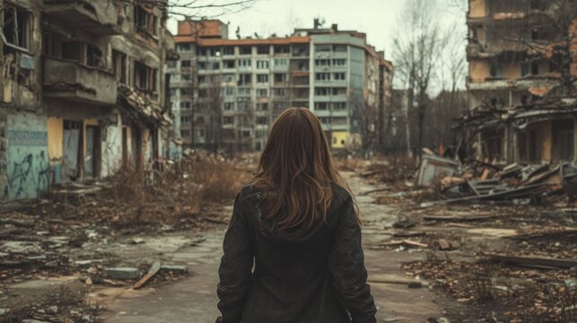 Abandoned city, walking alone in the ruins of the city, eschatological style, ragged clothes 