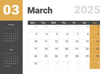 Template design of Monthly Calendar on March 2025. Vector layout grid of calendar with week start Monday with previous and next month dates. Page for size A4 -21x29.7 cm.