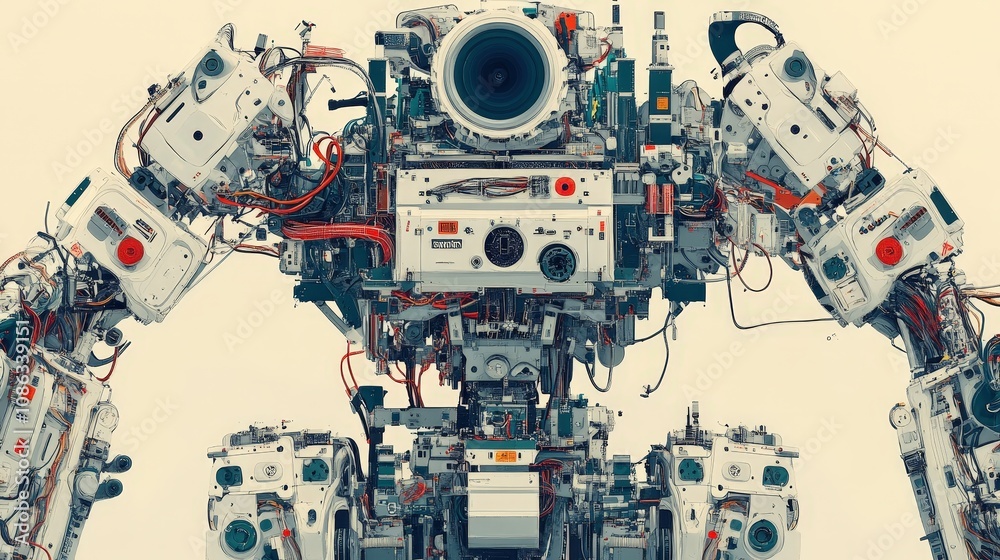 Poster visualize a team assembling a high-tech robot. describe how the team collaborates, carefully assembl