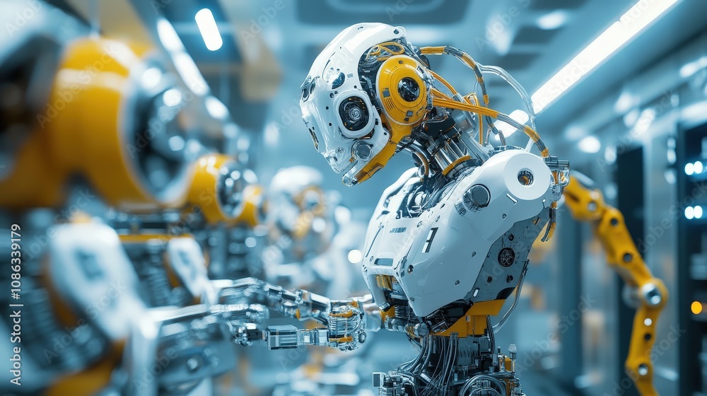 Poster visualize a team assembling a high-tech robot. describe how the team collaborates, carefully assembl