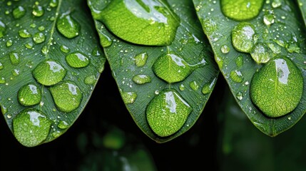 Fototapeta premium Lush Green Fern Leaves Covered in Dew: Macro Shot of Vibrant Fronds with Delicate Droplets Sparkling in Sunlight