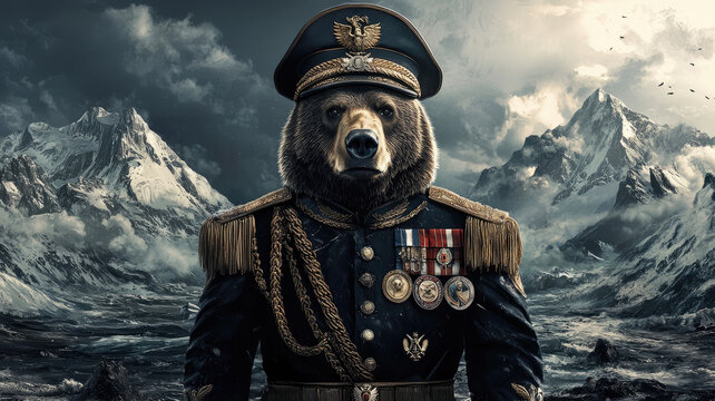 bear in general hat and military medals stands proudly in dramatic landscape