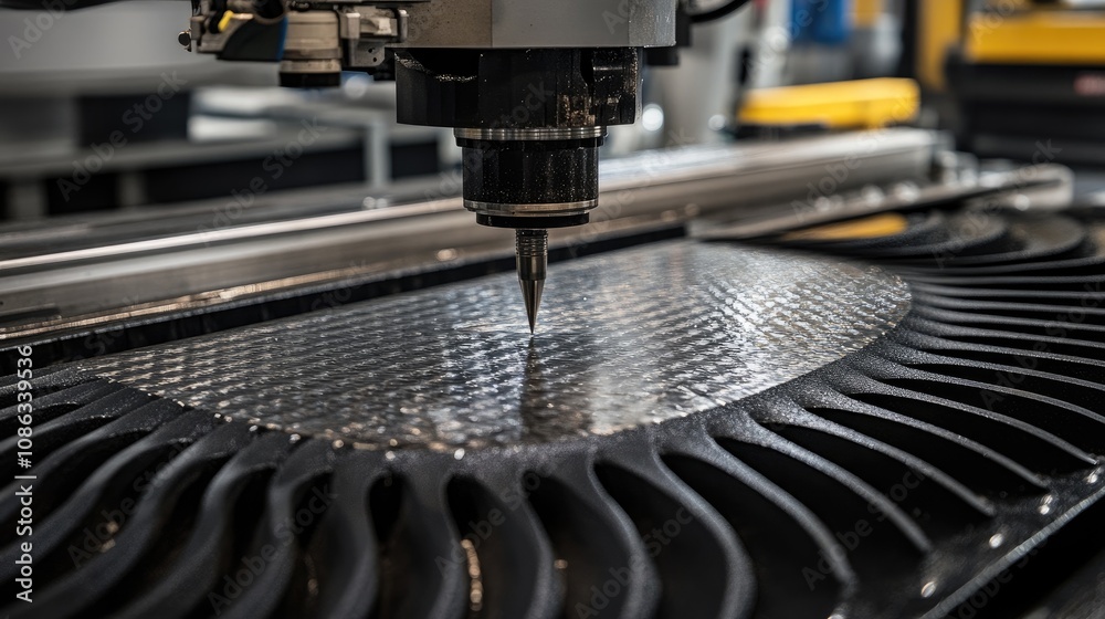 Poster high-tech cnc machine tool in action on modern industrial workspace, precision manufacturing process