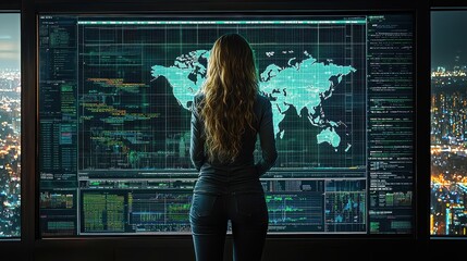 Woman Analyzing Global Data on Interactive Screen in Modern Office Overlooking Urban Cityscape at Night with Technological Interface and World Map Visualization