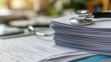A close-up of a stethoscope resting on a stack of medical documents, symbolizing healthcare, patient records, and the medical profession.