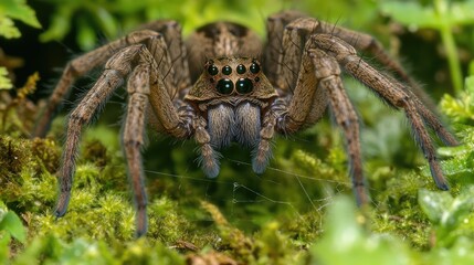 Close-up of a Detailed Spider Amidst Lush Green Foliage Showcasing Its Unique Eyes and Intricate Body Structure in a Natural Setting