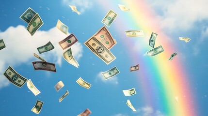 Banknotes falling from a bright blue sky with a rainbow in the background