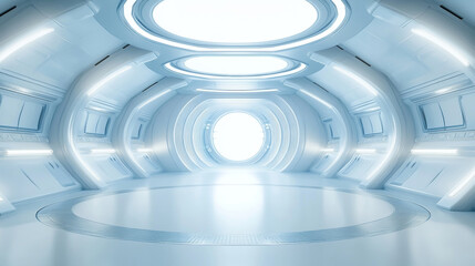 3D futuristic circular stage room sci-fi technology blue white cosmic background. spaceship interior vibe cyberspace wallpaper 