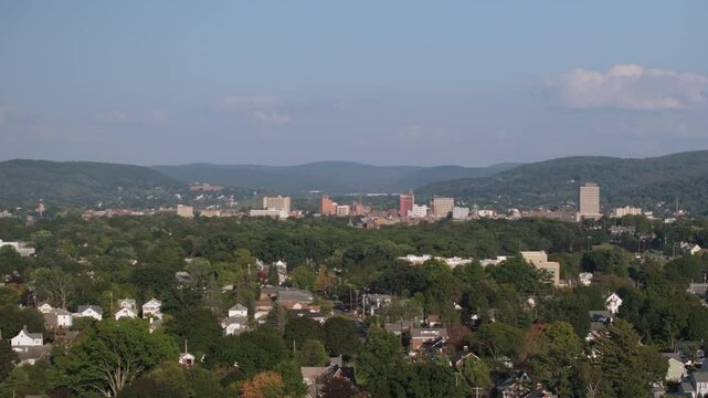 Aerial view of downtown Binghamton, New York. Shot on a summer day.