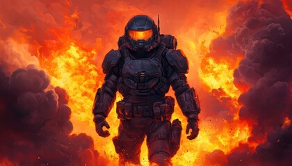 A powerful armored figure stands amidst a fiery explosion, exuding strength and determination in a dramatic, apocalyptic scene.