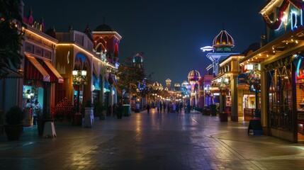 Fototapeta premium Night scene at Dubai's Global Village, featuring cultural pavilions and festive lights