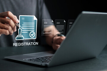 Trademark registration concept, author rights and patented intellectual property. Person using laptop with registration document on virtual screen.