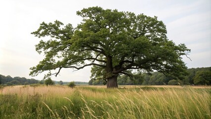 Obraz premium A majestic oak tree stands in a clearing surrounded by tall grasses, majestic oak tree, sunny landscape, wildflowers, serene environment