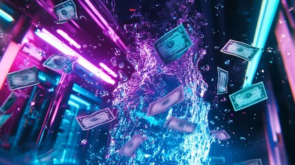 A futuristic machine ejecting a mix of glowing water and money into the air