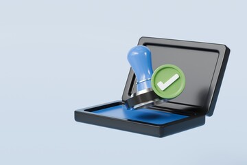 3d Stamp seal with green tick icon symbol. Human resources recruit approved person. Office approves tool document concept. Minimal Cartoon Blue Metal Stamp icon on isolated blue background. 3d render.