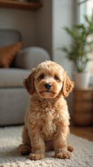 a cute little Mini Goldendoodle puppy sitting on a carpeted floor in a well-lit room.