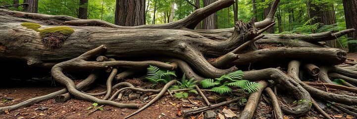 Ancient forest with massive tree trunk fallen over, roots exposed, and ferns growing in the debris, nature degradation, tree felling, ecological crisis
