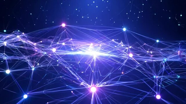  An intricate pattern of interconnected nodes and lines in shades of blue and purple, with occasional pulses of light representing data transmissions in a neural network