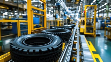 Naklejka premium Modern Tire Manufacturing Facility with Production Line Featuring Black Rubber Tires on Conveyor in Bright Industrial Setting