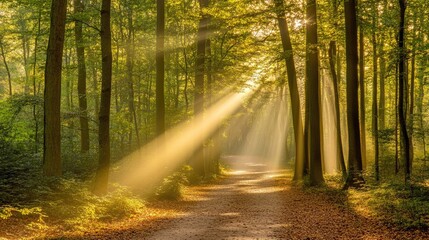 Fototapeta premium Serene Sunlight Streaming Through a Lush Forest with Golden Rays Illuminating the Leafy Pathway, Creating a Tranquil Atmosphere of Nature's Beauty