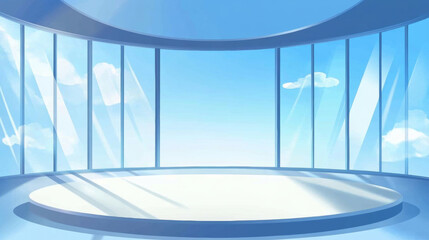 Fototapeta premium 3D circular window stage room with blue sky and white cloud view elegant modern background. travel vacation minimalism refreshing fashion cosmetic beauty luxury wallpaper with copy space