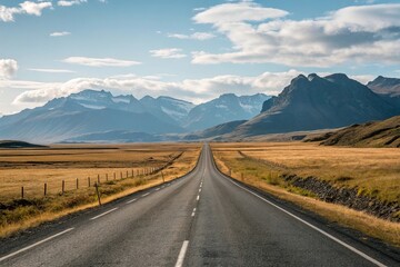 Naklejka premium A scenic drive on a straight asphalt road through a vast open landscape with rolling hills and towering mountains visible beyond the horizon, vastness, emptiness