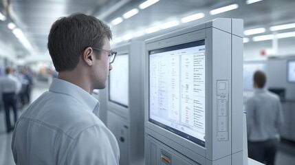 Professional male technician analyzing data on modern touchscreen display in a high-tech industrial environment with blurred coworkers in background.