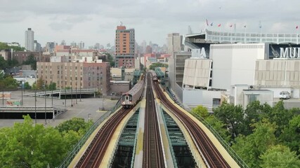 Aerial view of Yankee Stadium on a summer morning. Shot in The Bronx in 4k.