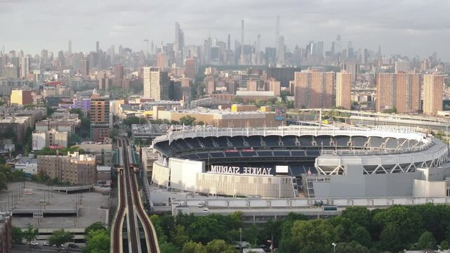 Aerial view of the subway in The Bronx. Shot on an overcast morning in New York City.
