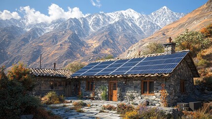 Scenic Mountain Landscape Featuring Eco-Friendly Solar Panels on a Rustic Stone House Surrounded by Autumn Foliage and Majestic Snow-Capped Peaks