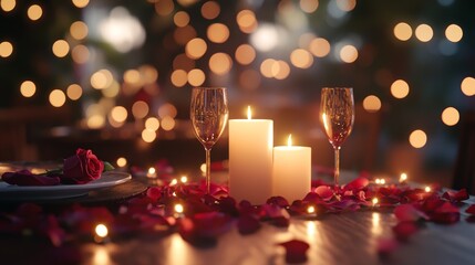 Romantic Valentine's Day candlelight dinner scene, warm wine red and soft gold tones, accompanied by rose petals and flickering candles, creating an intimate and warm atmosphere