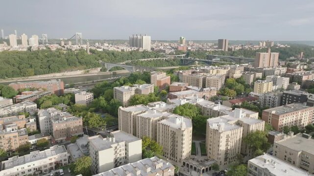 Aerial view of apartment buildings in The Bronx. Shot on a summer morning in New York City.