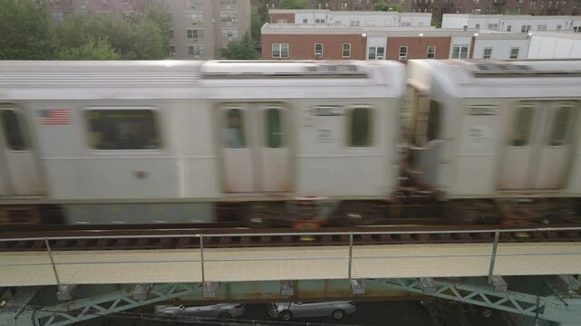 Aerial view of the subway in The Bronx. Shot on an overcast morning in New York City.