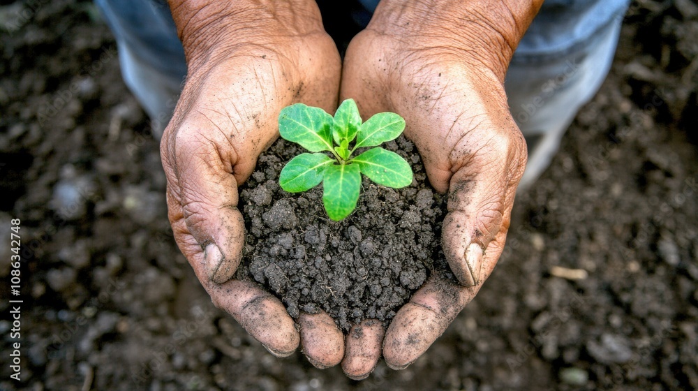 Poster two hands hold a tiny green seedling surrounded by rich soil, emphasizing care for nature and new gr