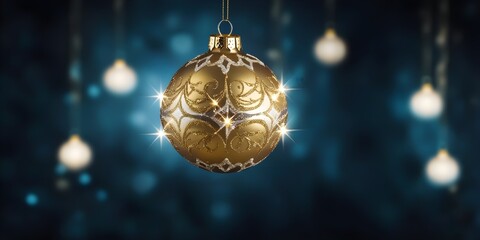 Golden Glitter Bauble on Dark Blue Bokeh Background with Festive Elegance