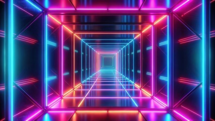 Fototapeta premium Looped animation of neon tunnel with rotating square frames, neon, tunnel, abstract, cycled, background, looped