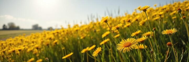 Fototapeta premium A sunny day in the countryside with a sea of yellow dandelions, wheat fields, peaceful atmosphere