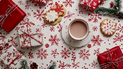 A festive spread of Christmas cookies, wrapped gifts, and a steaming cup of hot chocolate on a snowflake-patterned tablecloth 