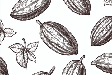 Seamless pattern illustration engraving cocoa beans top view inline stile black lines on white background.