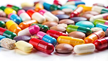 Close-up of assorted barbiturate pills on a white background , Barbiturates, Downers, Drugs, Sedatives