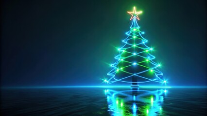 Glowing neon Christmas tree in blue and green on reflective floor Abstract holiday background vacation concept, Christmas, neon