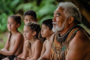Fototapeta premium A Māori elder teaching a group of young people the art of traditional storytelling, with vivid gestures and expressions: A powerful moment of cultural transmission