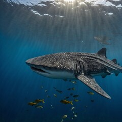 A gentle whale shark with smaller fish, like remoras, riding along its back.

