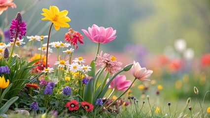Fototapeta premium A vibrant array of colorful blooms in a garden setting blurred to emphasize the beauty of spring, garden, spring background blur flowers