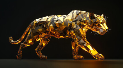 3D abstract low-poly golden leopard made of geometric shapes black background. deformed cool robotic animal fashion wallpaper