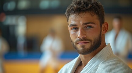 Fototapeta premium Confident young man in a white karate gi, focused expression, blurred background of other martial artists.