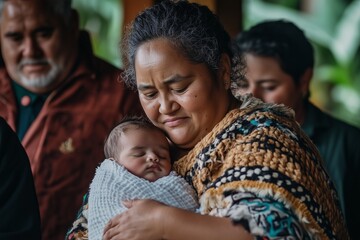 A Māori woman holding her newborn, both wrapped in traditional woven blankets, surrounded by family members: A tender scene celebrating new life and community support